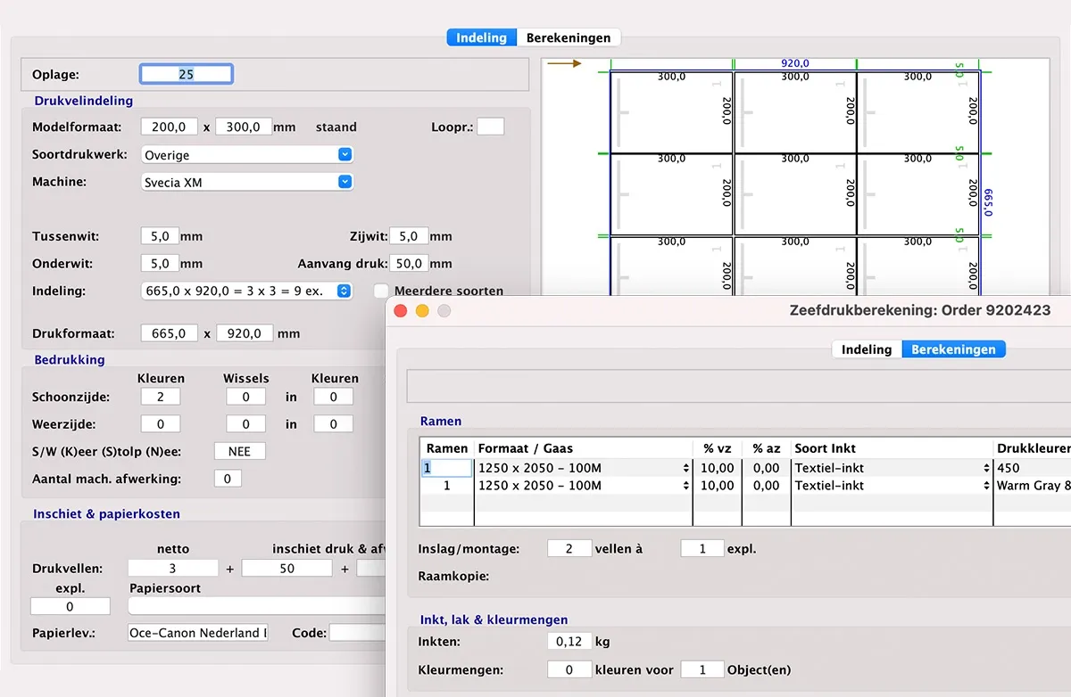 Calculatie Zeefdruk in MultiPress