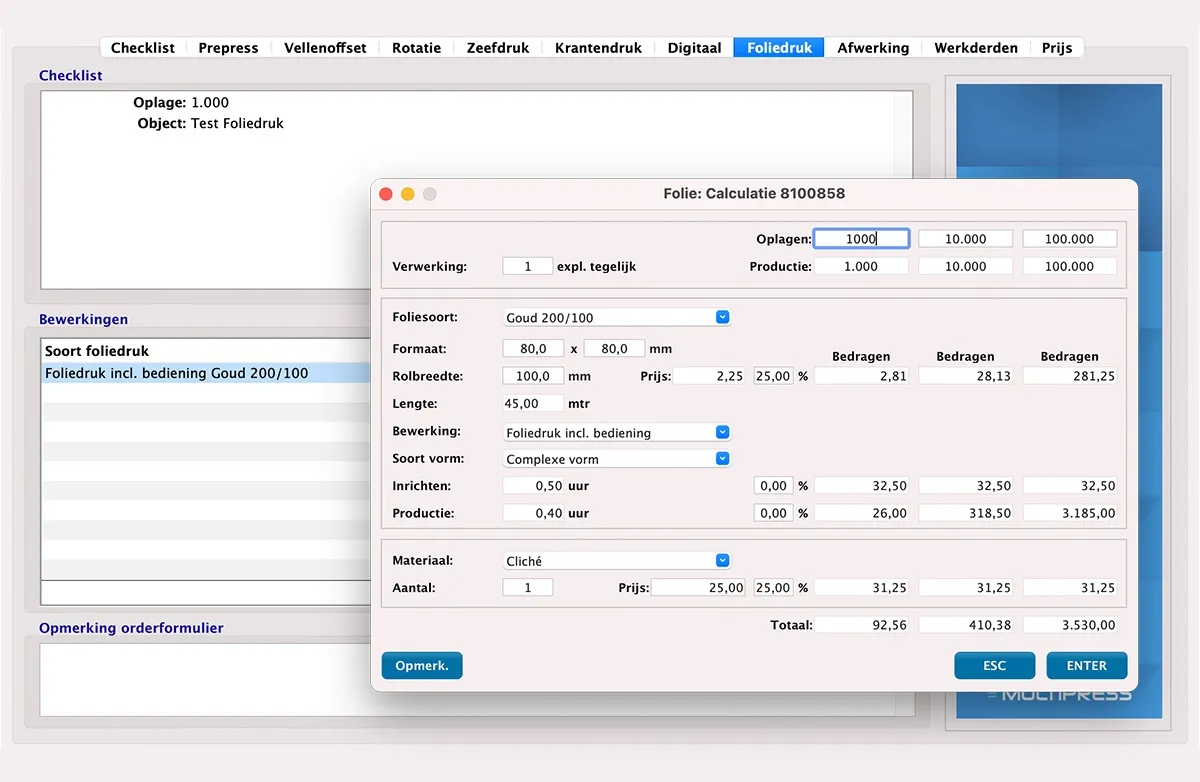 Calculatie foliedruk in MultiPress