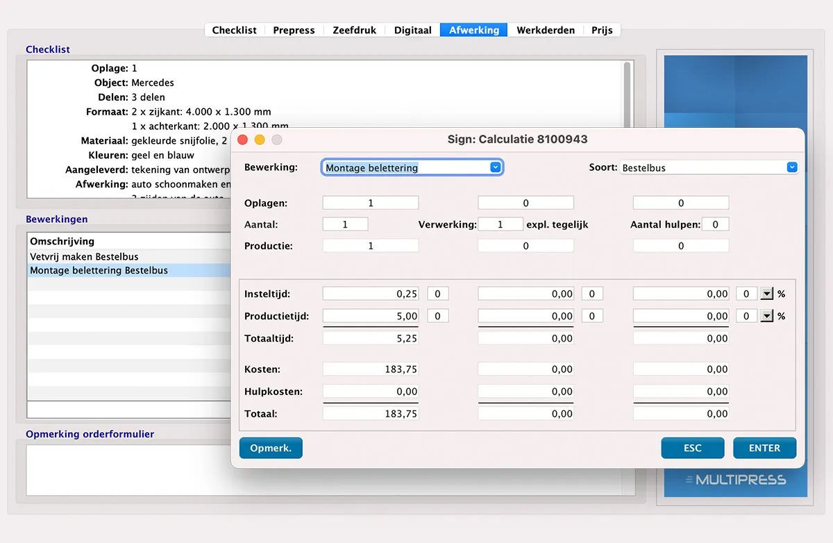 Calculatie speciale producten in MultiPress