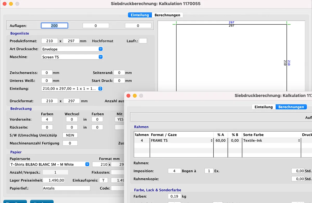Siebdruck-Kalkulation in MultiPress