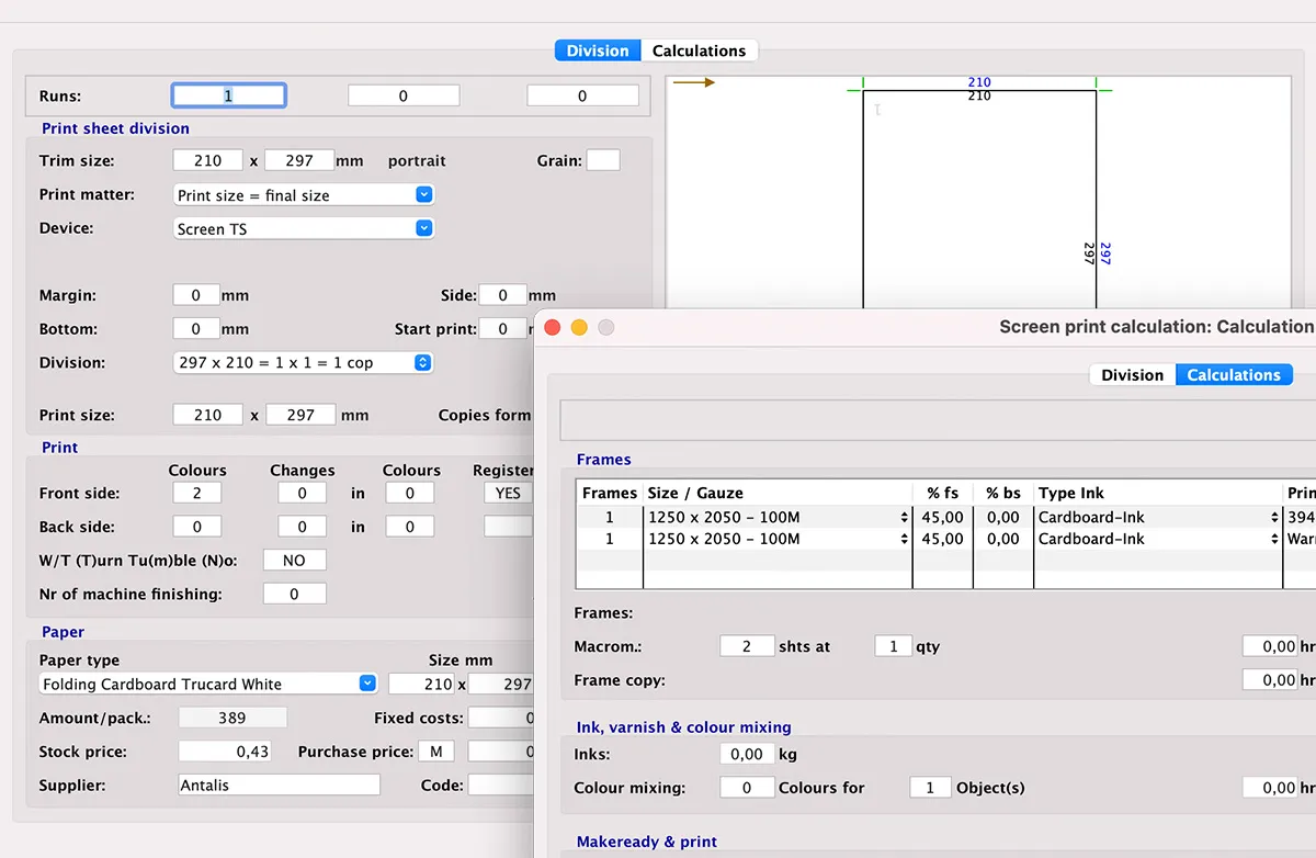 Screen printing calculation in MultiPress