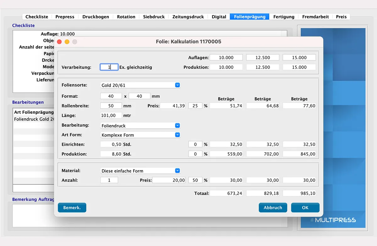 Kalkulation für den Druck auf Folien in MultiPress