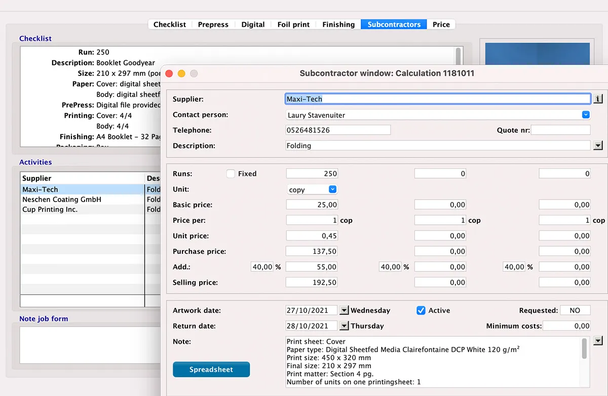 Calculation subcontractors in MultiPress