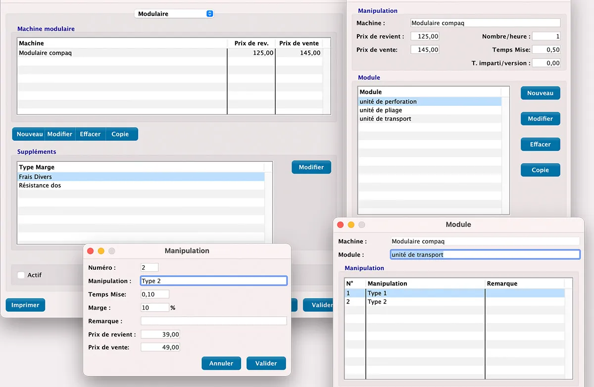 Calcul configurable des machines de finition in MultiPress