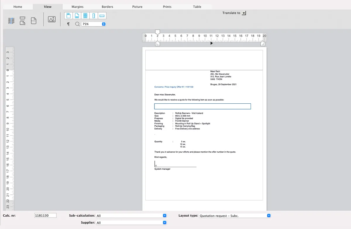 Price requests for subcontracting In MultiPress