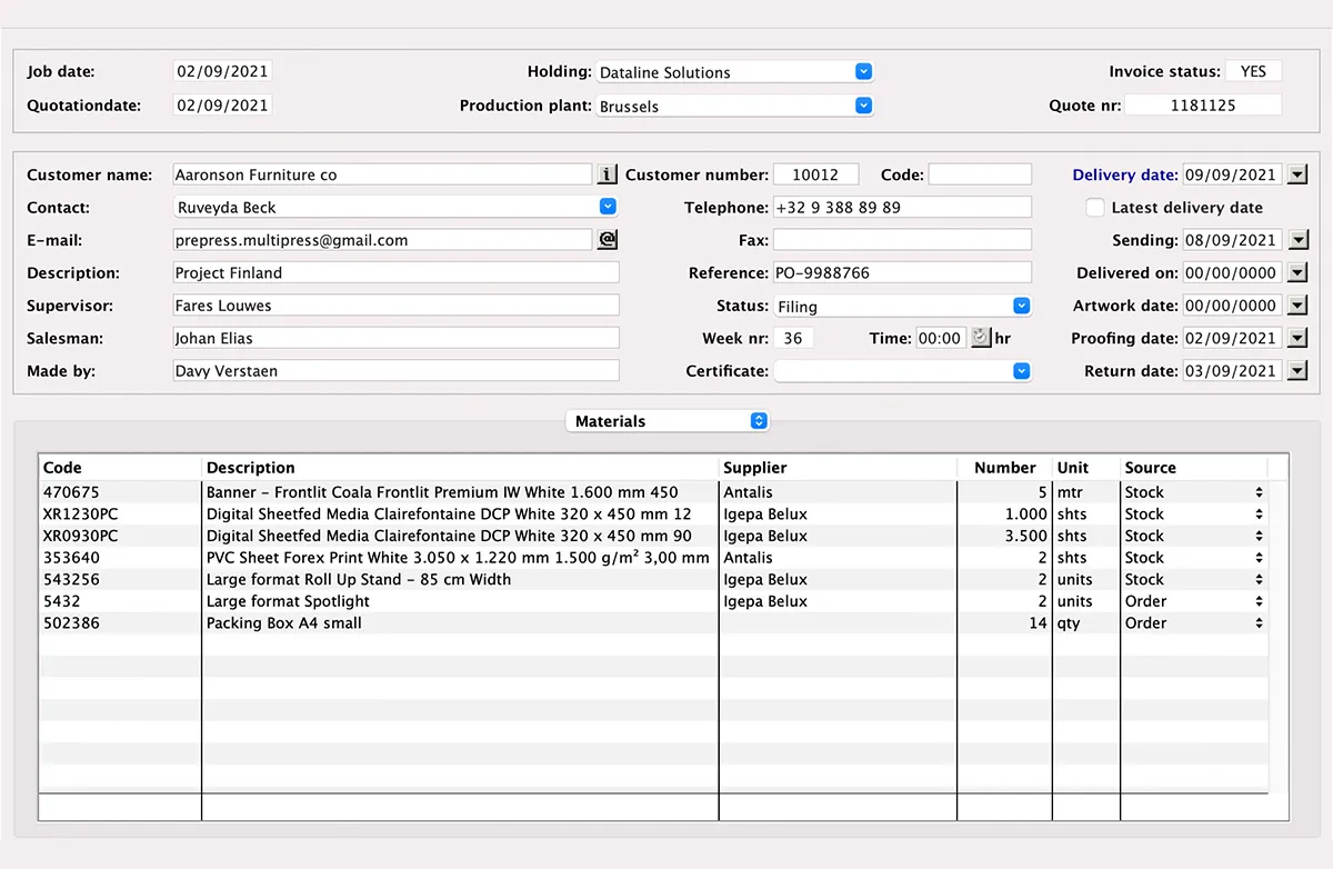 Raw materials list in MultiPress